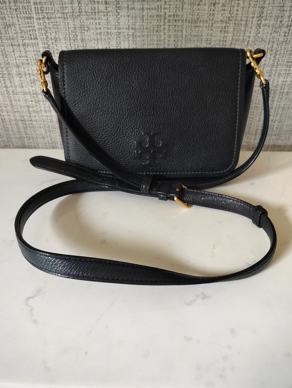 Tory Burch Navy Blue Leather Crossbody with Gold Hardware
